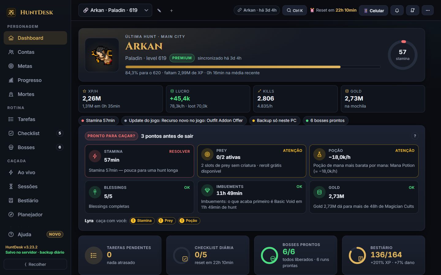 Dashboard do manager com o personagem, o que falta antes de caçar e os bosses do dia